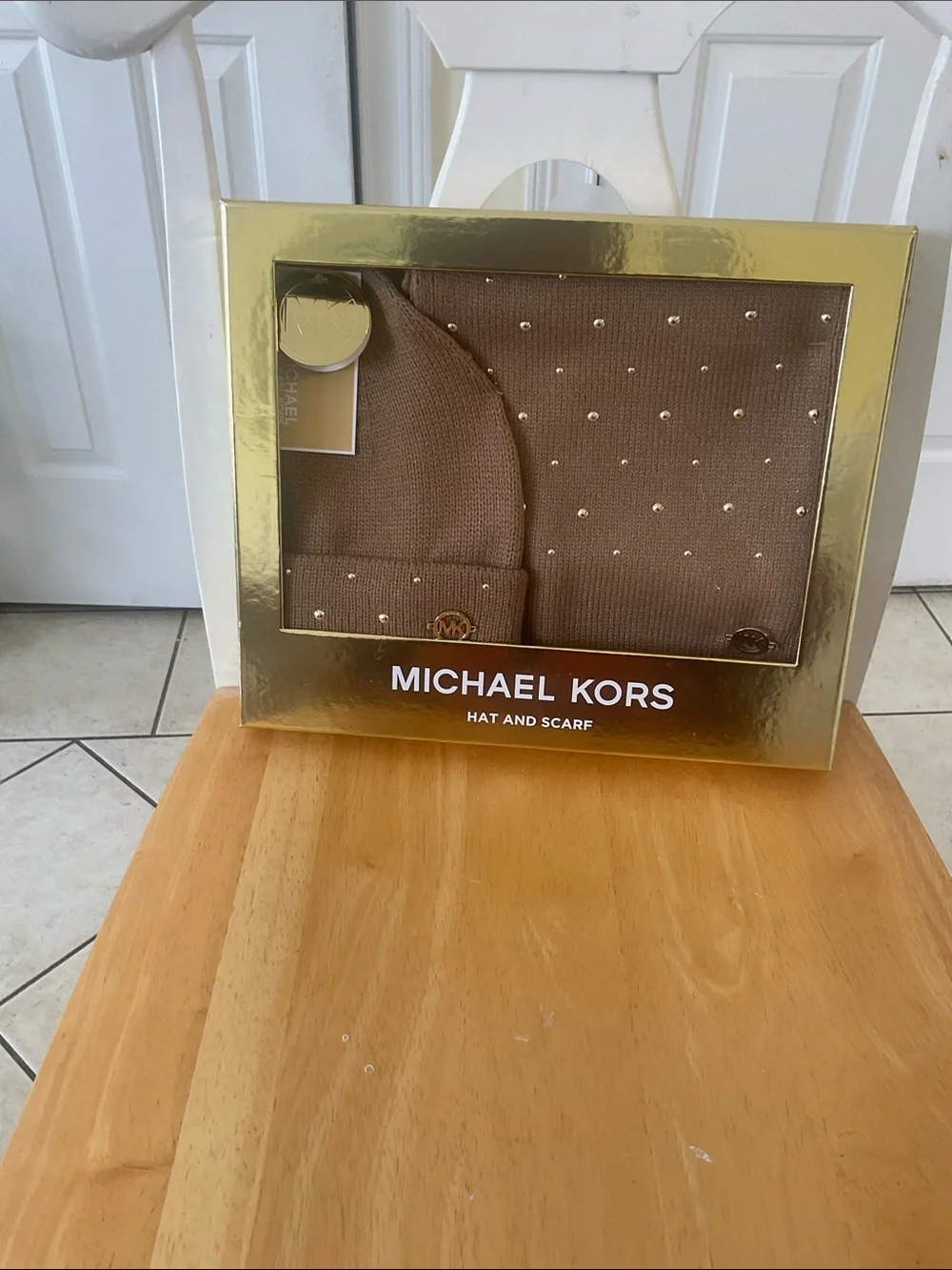 Michael Kors Chocolate Brown Studded Knit Hat & Scarf Set